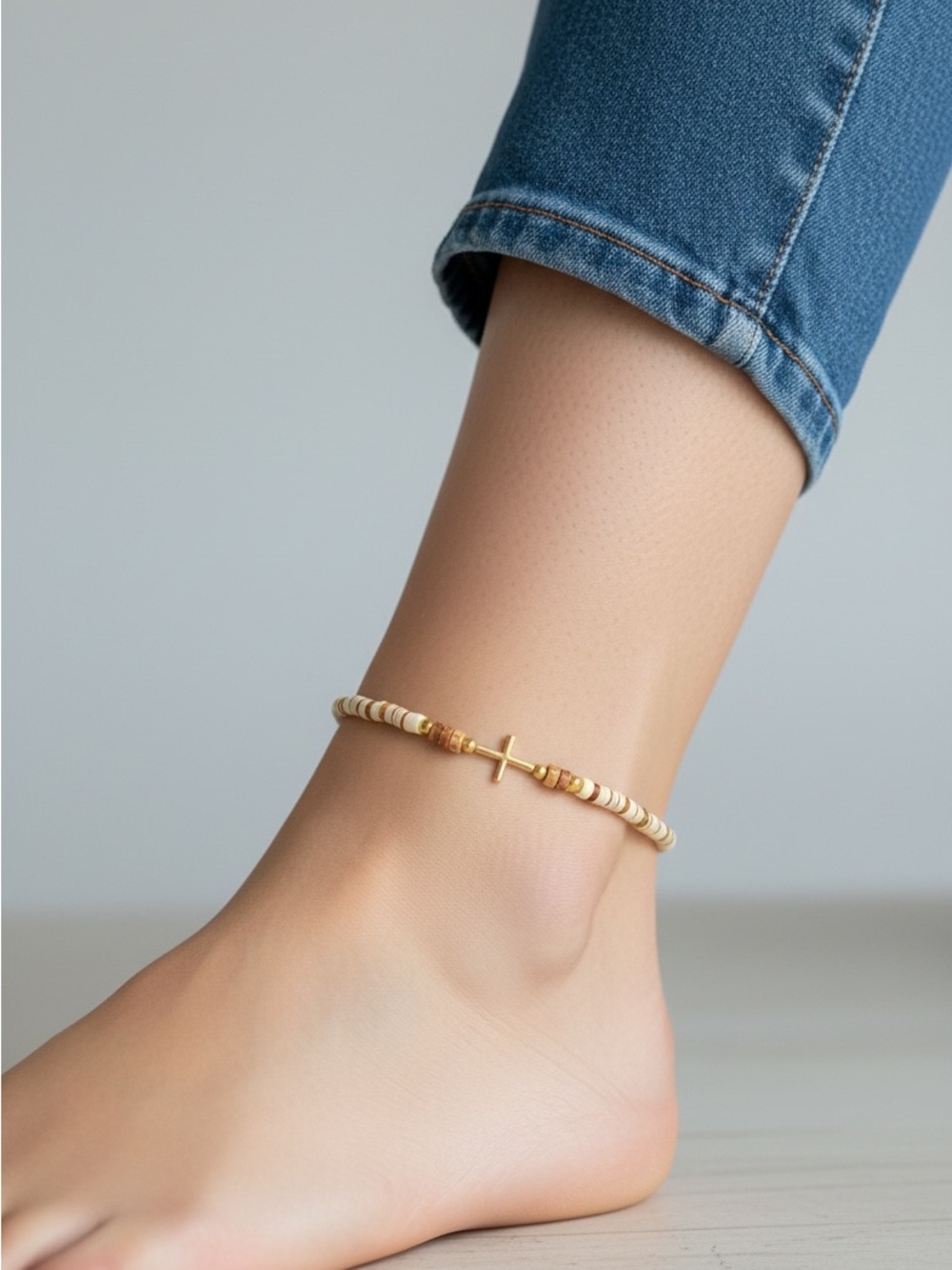 9/17 Gold Cross Beaded Anklet - Women Jewelry